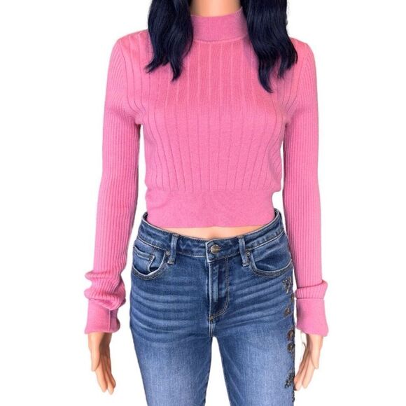 TOME Pink Ribbed Mock Neck Merino Wool Blend Crop Sweater - Picture 7 of 7
